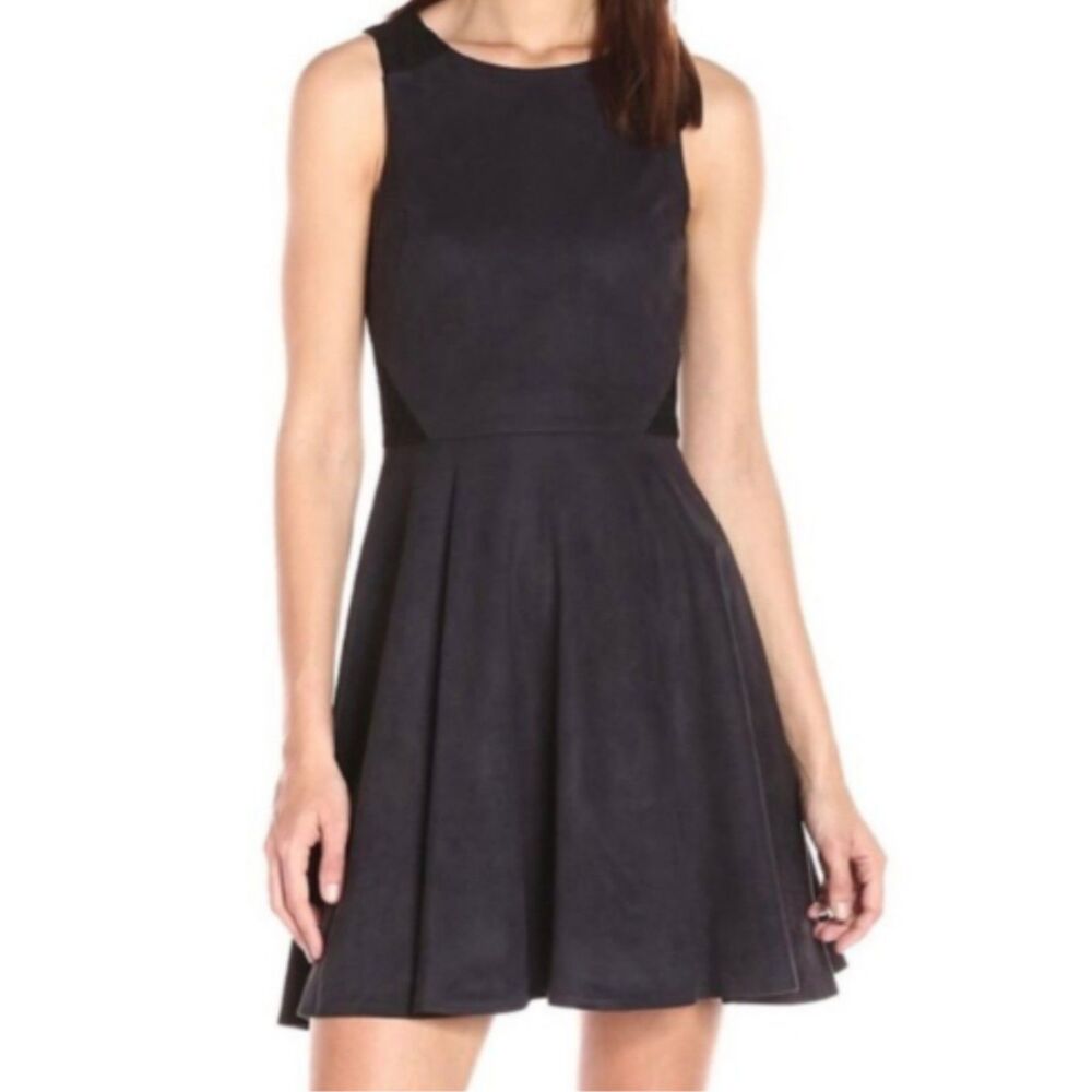 CeCe Avery Crochet Inset Faux Suede Fit & Flare Dress Black - Size 10 NWT - Picture 1 of 7